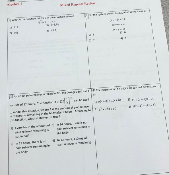 Name:_
Algebra 2
Mixed Regents Review
[