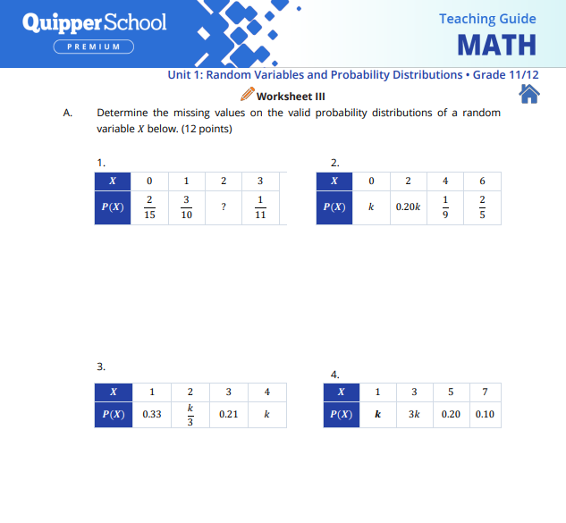 Solved: Quipper School Teaching Guide P R E M I U M MATH Unit 1: Random ...