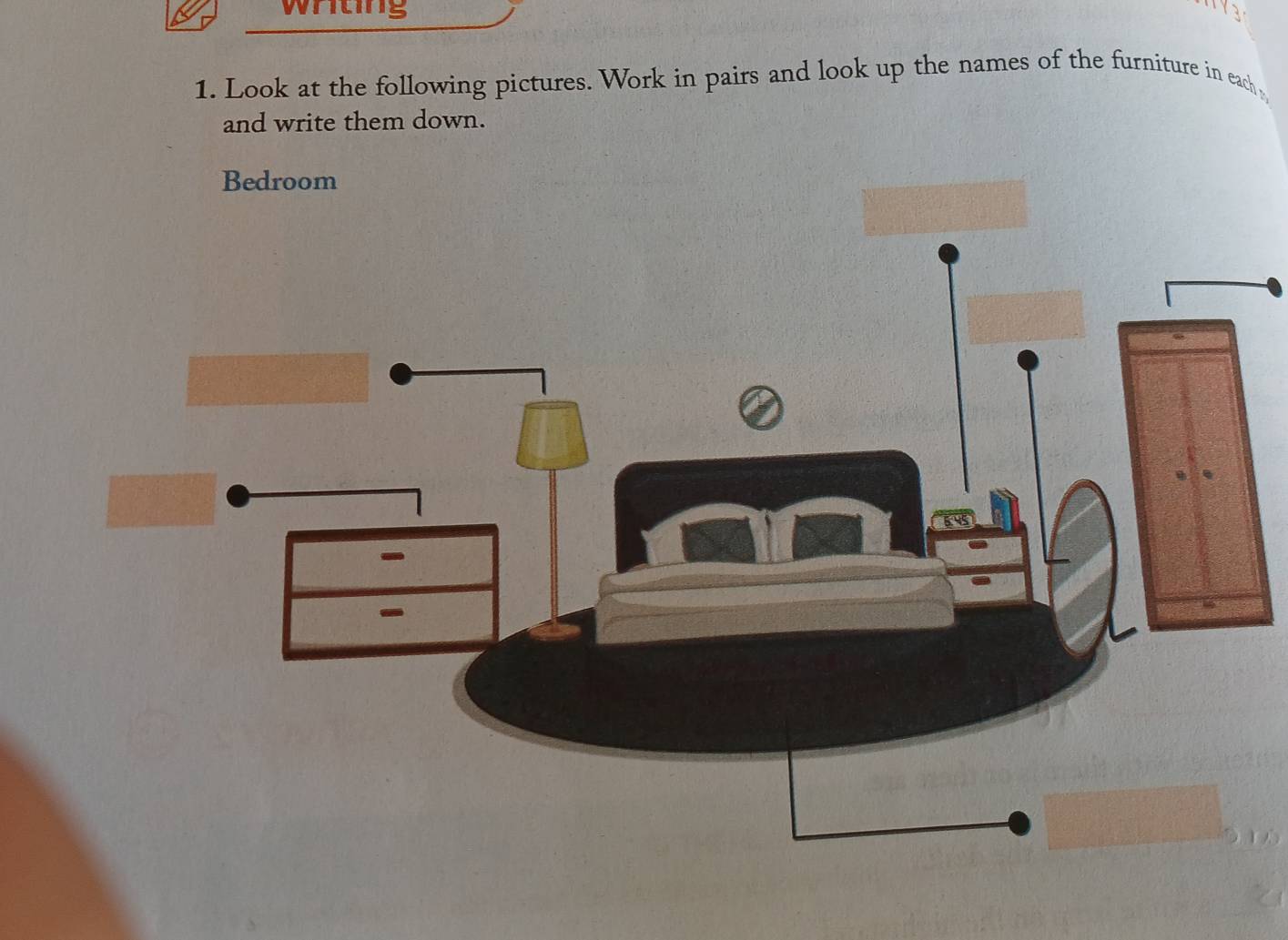 whtng 
1. Look at the following pictures. Work in pairs and look up the names of the furniture in each 
and write them down.