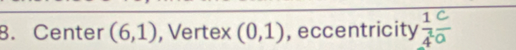 Center (6,1) , Vertex (0,1) , eccentricity  1/4^2  C/a 