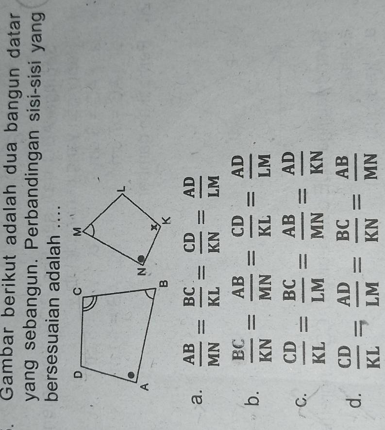 Gambar berikut adalah dua bangun datar
yang sebangun. Perbandingan sisi-sisi yang
bersesuaian adalah ....
a.  AB/MN = BC/KL = CD/KN = AD/LM 
b.  BC/KN = AB/MN = CD/KL = AD/LM 
C.  CD/KL = BC/LM = AB/MN = AD/KN 
d.  CD/KL = AD/LM = BC/KN = AB/MN 