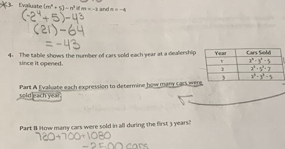 Evaluate (m^4+5)-n^3 if m=-2 and n=-4
4. The table shows the number of cars sold each year at a dealership
since it opened.
Part A Evaluate each expression to determine how many cars we
sold each year.
Part B How many cars were sold in all during the first 3 years?