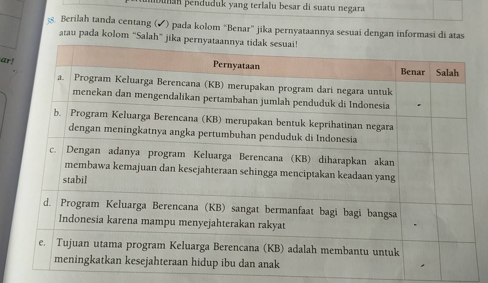 mbunan penduduk yang terlalu besar di suatu negara 
38. Berilah tanda centang (✔) pada kolom “Benar” jika pernyataannya sesuai dengan informasi di atas 
atau pada kolom “Salah” 
ar!