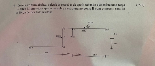 Dara estrutura abaixo, calcule as reacções de apoio sabendo que existe uma força (15.0)
d cinco kilonewtons que actua sobre a estrutura no ponto B com o mesmo sentido
da força de dez kilonewtons.