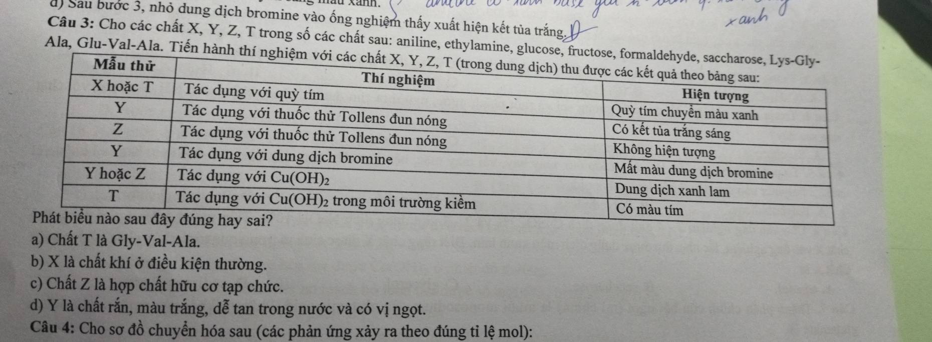 Sau bước 3, nhỏ dung dịch bromine vào ống nghiệm thấy xuất hiện kết tủa trắng, 
Câu 3: Cho các chất X, Y, Z, T trong số các chất sau: aniline, ethylamine, glucose, fructose, 
Ala, Glu-Val-Ala. Tiến hành thí nghi 
a) Chất T là Gly-Val-Ala. 
b) X là chất khí ở điều kiện thường. 
c) Chất Z là hợp chất hữu cơ tạp chức. 
d) Y là chất rắn, màu trắng, dễ tan trong nước và có vị ngọt. 
Câu 4: Cho sơ đồ chuyển hóa sau (các phản ứng xảy ra theo đúng tỉ lệ mol):