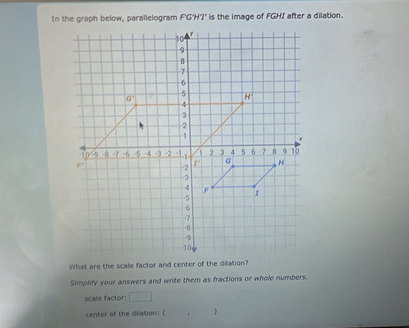 In the graph below, parallelogram F'G'H'I' is the image of FGHI after a dilation.
Simplify your answers and write them as fractions or whole numbers.
scale factor:
center of the dilation: ( 。 1