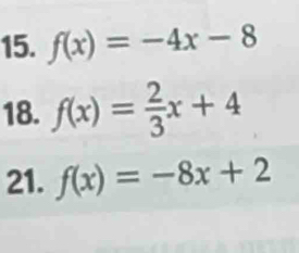 f(x)=-4x-8
18. f(x)= 2/3 x+4
21. f(x)=-8x+2