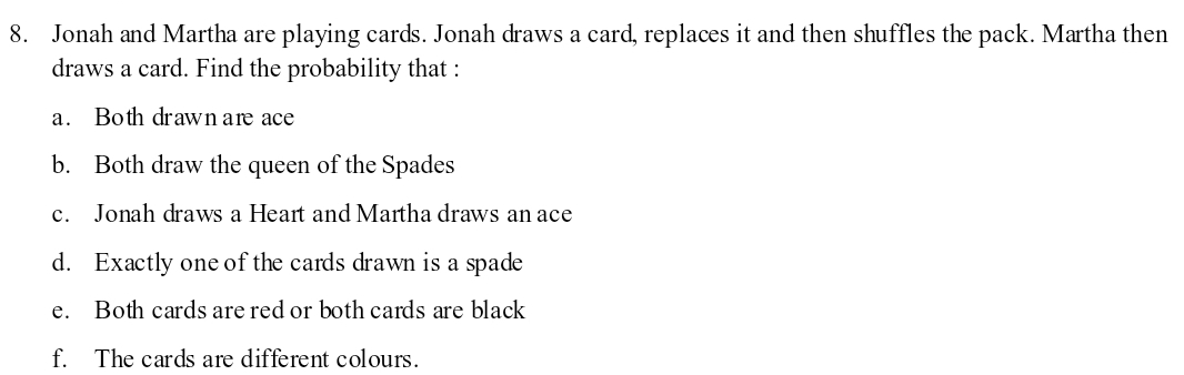 Jonah and Martha are playing cards. Jonah draws a card, replaces it and then shuffles the pack. Martha then 
draws a card. Find the probability that : 
a. Both drawn are ace 
b. Both draw the queen of the Spades 
c. Jonah draws a Heart and Martha draws an ace 
d. Exactly one of the cards drawn is a spade 
e. Both cards are red or both cards are black 
f. The cards are different colours.