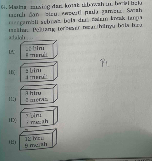 Masing masing dari kotak dibawah ini berisi bola
merah dan biru, seperti pada gambar. Sarah
mengambil sebuah bola dari dalam kotak tanpa
melihat. Peluang terbesar terambilnya bola biru
adalah ....
(A)
(B)
(C)
(D)
12 biru
(E)
9 merah