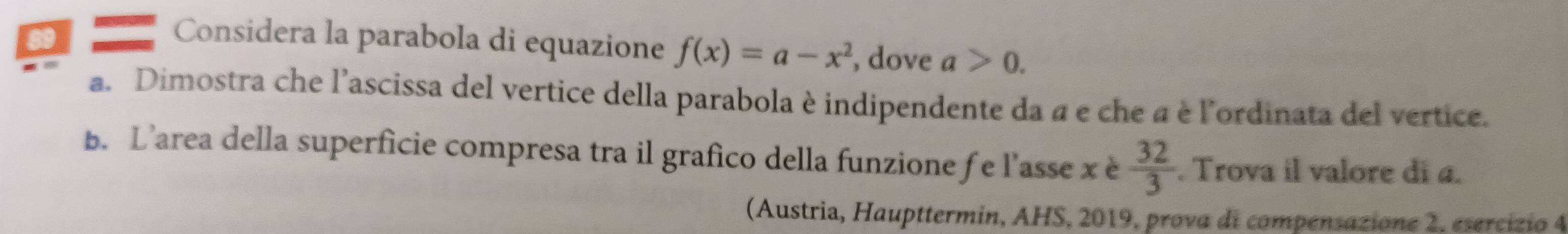 Considera la parabola di equazione f(x)=a-x^2 , dove a>0. 
a. Dimostra che l'ascissa del vertice della parabola è indipendente da a e che a è l'ordinata del vertice. 
b. L’area della superficie compresa tra il grafico della funzione f e l'asse x è  32/3 . Trova il valore di a. 
(Austria, Haupttermin, AHS, 2019, prova di compensazione 2, esercizio 4