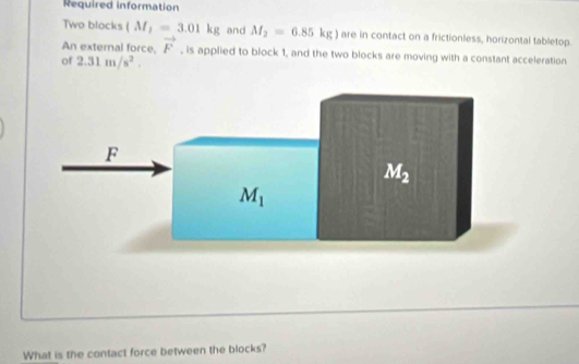 Required information
Two blocks (M_1=3.01kg and M_2=6.85kg) are in contact on a frictionless, horizontal tabletop.
An external force. vector F , is applied to block 1, and the two blocks are moving with a constant acceleration
of 2.31m/s^2.
What is the contact force between the blocks?