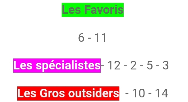 Les Favoris
6- 11
Les spécialistes 12-2-5-3
Les Gros outsiders -10-14