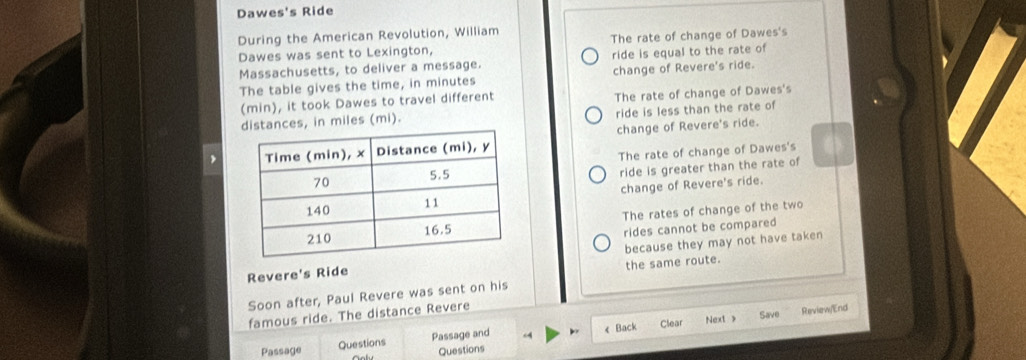 Dawes's Ride
During the American Revolution, William
Dawes was sent to Lexington, The rate of change of Dawes's
Massachusetts, to deliver a message. ride is equal to the rate of
The table gives the time, in minutes change of Revere's ride.
(min), it took Dawes to travel different The rate of change of Dawes's
nces, in miles (mi). ride is less than the rate of
change of Revere's ride.
The rate of change of Dawes's
ride is greater than the rate of
change of Revere's ride.
The rates of change of the two
rides cannot be compared
Revere's Ridebecause they may not have taken
the same route.
Soon after, Paul Revere was sent on his
famous ride. The distance Revere
Next > Save Review/End
Passage Questions Passage and 《 Back Clear
Questions