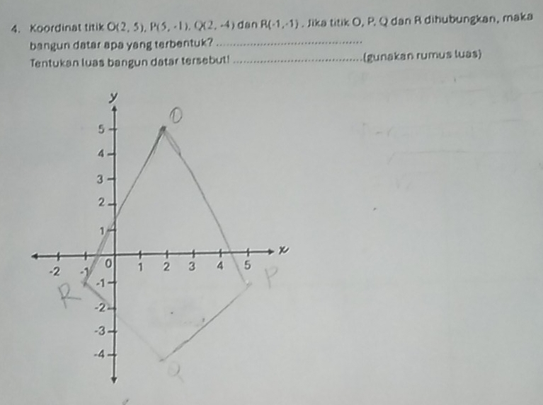 Koordinat titik O(2,5), P(5,-1), Q(2,-4) dàn R(-1,-1). Jika titik O, P. Q dan R dihubungkan, maka 
bangun datar apa yang terbentuk?_ 
Tentukan luas bangun datar tersebut! _(gunakan rumus luas)