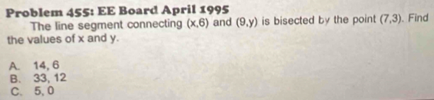 Problem 455: EE Board April 1995 、 Find
The line segment connecting (x,6) and (9,y) is bisected by the point (7,3)
the values of x and y.
A. 14, 6
B. 33, 12
C. 5, 0