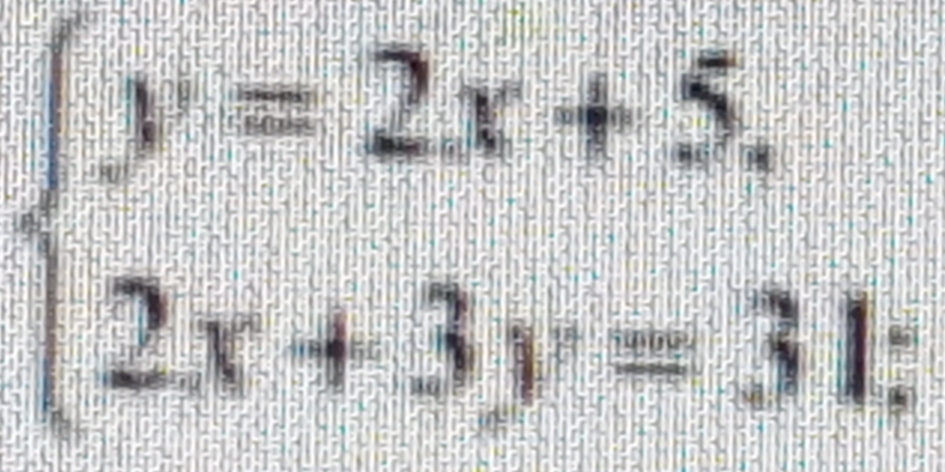 beginarrayl y=2x+5, 2x+3y=31;endarray.
x^2
1