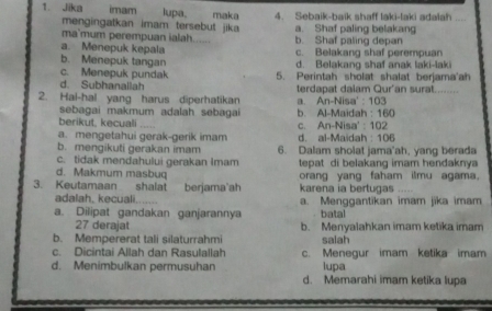 Jika imam lupa. maka 4. Sebaik-baik shaff laki-laki adalah ...
mengingatkan imam tersebut jika a. Shaf paling belakang
ma`mum perempuan ialah...... b. Shaf paling depan
a. Menepuk kepala c. Belakang shaf perempuan
b. Menepuk tangan d. Belakang shaf anak laki-laki
c. Menepuk pundak 5. Perintah sholat shalat berjama'ah
d. Subhanallah terdapat dalam Qur'an surat........
2. Hal-hal yang harus diperhatikan a. An-Nisa' : 103
sebagai makmum adalah sebagai b. Al-Maidah : 160
berikut. kecuali
a. mengetahui gerak-gerik imam c. An-Nisa' : 102 d. al-Maïdah : 106
b. mengikuti gerakan imam 6. Dalam sholat jama'ah, yang berada
c. tidak mendahului gerakan Imam
d. Makmum masbuq tepat di belakang imam hendaknya
3. Keutamaan shalat berjama'ah karena ia bertugas orang yang faham ilmu agama.
adalah, kecuali....... a. Menggantikan imam jika imam
a. Dilipat gandakan ganjarannya batal
27 derajat b. Menyalahkan imam ketika imam
b. Mempererat tali silaturrahmi salah
c. Dicintai Allah dan Rasulallah c. Menegur imam ketika imam
d. Menimbulkan permusuhan lupa
d. Memarahi imam ketika lupa