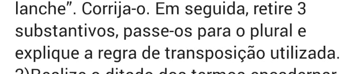 lanche”. Corrija-o. Em seguida, retire 3
substantivos, passe-os para o plural e 
explique a regra de transposição utilizada.