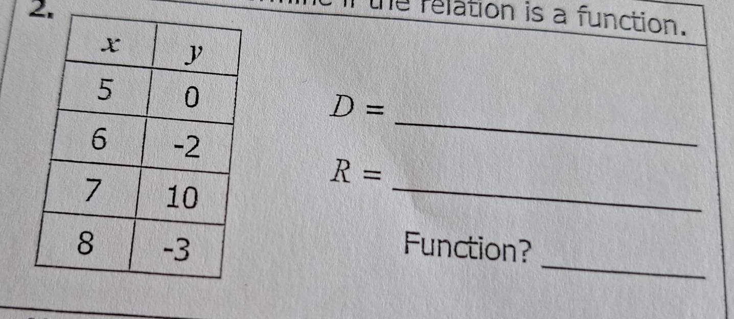 the relation is a function.
D=
_ 
_
R=
_ 
Function?