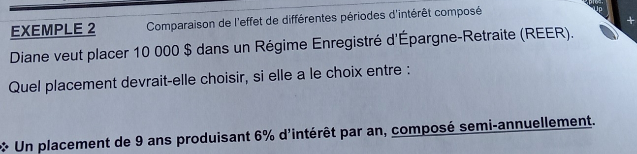 EXEMPLE 2 Comparaison de l'effet de différentes périodes d'intérêt composé 
+ 
Diane veut placer 10 000 $ dans un Régime Enregistré d'Épargne-Retraite (REER). 
Quel placement devrait-elle choisir, si elle a le choix entre : 
* Un placement de 9 ans produisant 6% d'intérêt par an, composé semi-annuellement.