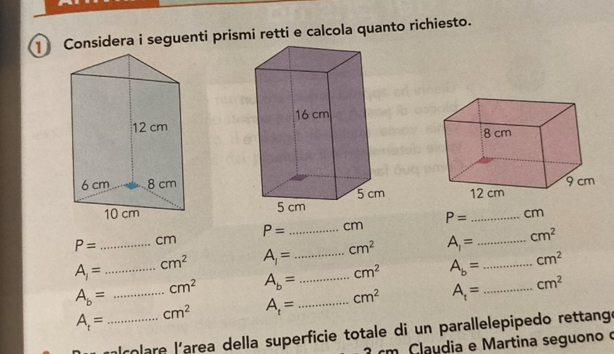 Considera i seguenti prismi retti e calcola quanto richiesto.

P= _ cm P= _  cm P= _  _ cm
cm^2 A_1= _ cm^2 A_1= _ cm^2
A_1= _ 
_ A_b=
cm^2 A_b= _ cm^2 A_b= cm^2
A_t= _  cm^2 A_t= _ cm^2 A_t= _  cm^2
çolare l'area della superficie totale di un parallelepipedo rettange 
Claudia e Martina seguono