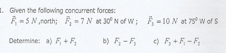 Given the following concurrent forces:
vector F_1=5N ,north; vector F_2=7N at 30^0N of W; vector F_3=10N at 75°W of S 
Determine: a) F_1+F_2 b) F_2-F_3 c) F_3+F_1-F_2