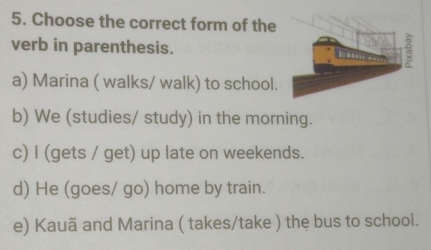 Choose the correct form of the
verb in parenthesis.
a) Marina ( walks/ walk) to school.
b) We (studies/ study) in the morning.
c) I (gets / get) up late on weekends.
d) He (goes/ go) home by train.
e) Kauã and Marina ( takes/take ) the bus to school.