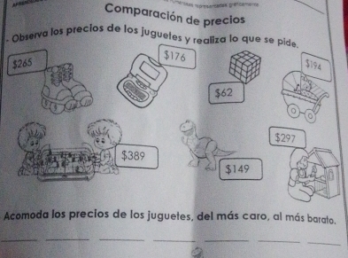 Comparación de precios 
. Observa los precios de los juguetes y realiza lo que se pide
$265
$62
$297
$389
$149
Acomoda los precios de los juguetes, del más caro, al más barato. 
_ 
_ 
__ 
__ 
_