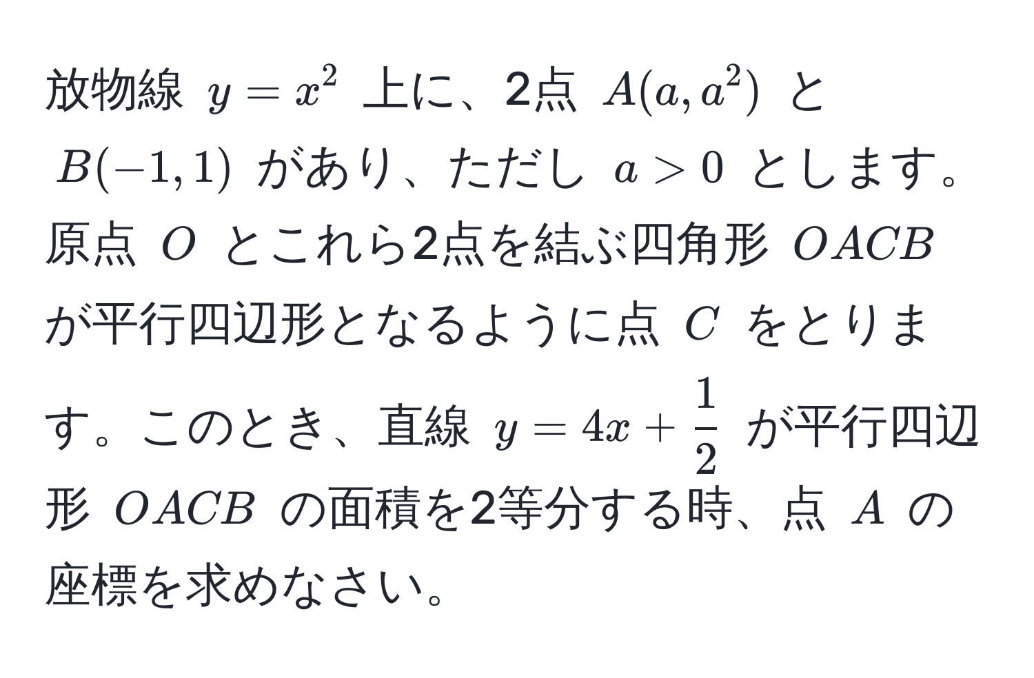 放物線 $y = x^2$ 上に、2点 $A(a, a^(2)$ と $B(-1, 1)$ があり、ただし $a > 0$ とします。原点 $O$ とこれら2点を結ぶ四角形 $OACB$ が平行四辺形となるように点 $C$ をとります。このとき、直線 $y = 4x + frac1)2$ が平行四辺形 $OACB$ の面積を2等分する時、点 $A$ の座標を求めなさい。