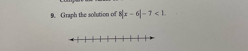 Graph the solution of 8|x-6|-7<1</tex>.