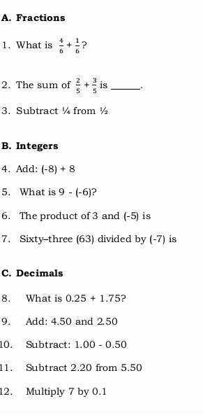 A. Fractions
1. What is  4/6 + 1/6  ?
2. The sum of  2/5 + 3/5  is_
3. Subtract ½ from ½
B. Integers
4. Add: (-8)+8
5. What is 9-(-6) ?
6. The product of 3 and (-5) is
7. Sixty--three (63) divided by (-7) is
C. Decimals
8. What is 0.25+1.75 ?
9. Add: 4.50 and 2.50
10. Subtract: 1. 00-0.50
11. Subtract 2.20 from 5.50
12. Multiply 7 by 0.1