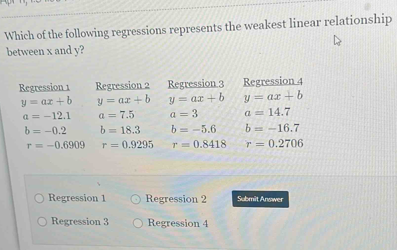 Which of the following regressions represents the weakest linear relationship
between x and y?
Regression 1 Regression 2 Regression 3 Regression 4
y=ax+b y=ax+b y=ax+b y=ax+b
a=-12.1 a=7.5 a=3 a=14.7
b=-0.2 b=18.3 b=-5.6 b=-16.7
r=-0.6909 r=0.9295 r=0.8418 r=0.2706
Regression 1 Regression 2 Submit Answer
Regression 3 Regression 4