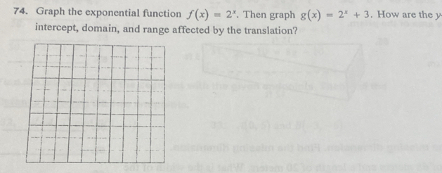 Graph the exponential function f(x)=2^x. Then graph g(x)=2^x+3. How are the y
intercept, domain, and range affected by the translation?