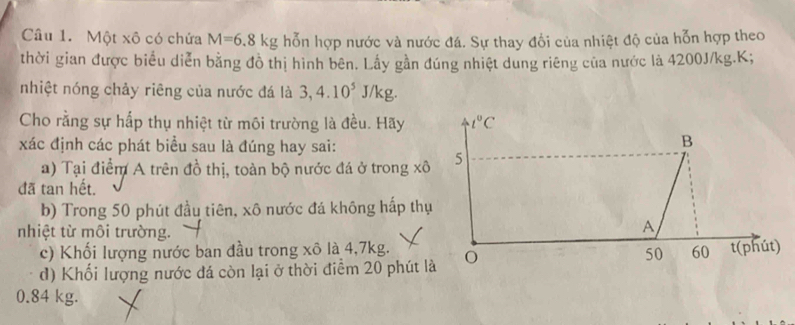 Một xô có chứa M=6.8kg hỗn hợp nước và nước đá. Sự thay đổi của nhiệt độ của hỗn hợp theo
thời gian được biểu diễn bằng đồ thị hình bên. Lấy gần đúng nhiệt dung riêng của nước là 4200J/kg.K;
nhiệt nóng chảy riêng của nước đá là 3,4.10^5J/k g.
Cho rằng sự hấp thụ nhiệt từ môi trường là đều. Hãy
xác định các phát biểu sau là đúng hay sai:
a) Tại điểm A trên đồ thị, toàn bộ nước đá ở trong xô
đã tan hết.
b) Trong 50 phút đầu tiên, xô nước đá không hấp thụ
nhiệt từ môi trường.
c) Khối lượng nước ban đầu trong xô là 4,7kg.
d) Khối lượng nước đá còn lại ở thời điểm 20 phút là
0.84 kg.