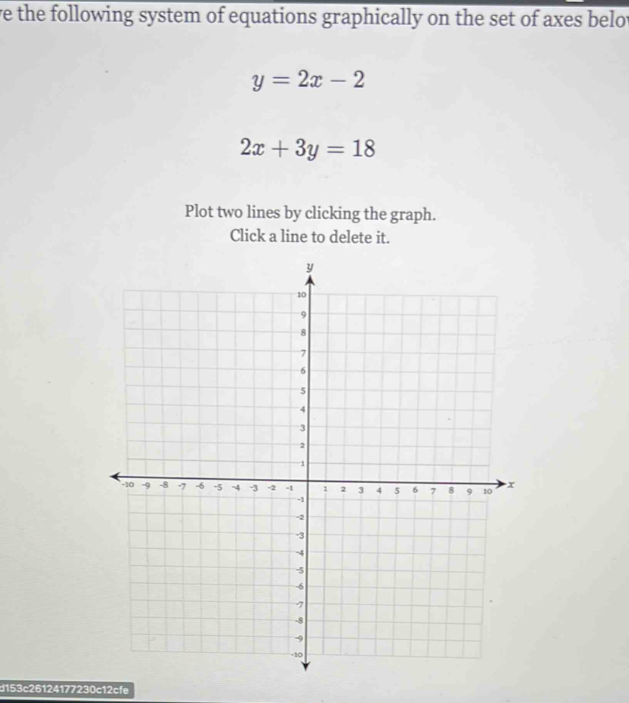 ve the following system of equations graphically on the set of axes belot
y=2x-2
2x+3y=18
Plot two lines by clicking the graph.
Click a line to delete it.
d153c26124177230c12cfe