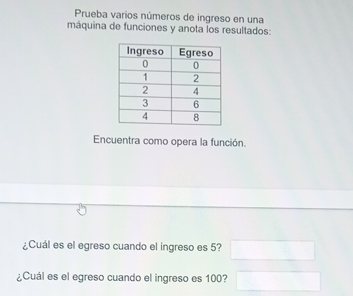 Prueba varios números de ingreso en una 
máquina de funciones y anota los resultados: 
Encuentra como opera la función. 
¿Cuál es el egreso cuando el ingreso es 5? 
¿Cuál es el egreso cuando el ingreso es 100?