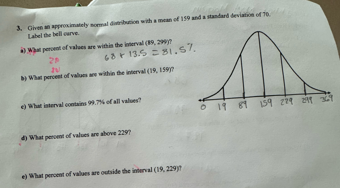 Given an approximately normal distribution with a mean of 159 and a standard deviation of 70. 
Label the bell curve. 
a) What percent of values are within the interval (89,299)
b) What percent of values are within the interval (19,159) ? 
c) What interval contains 99.7% of all values? 
d) What percent of values are above 229? 
e) What percent of values are outside the interval (19,229) ?