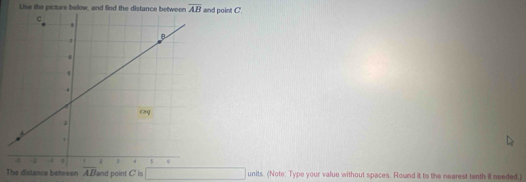 Ulse the picture below, and find the distance between overline AB d point C. 
The distance between overline AB and point C is units. (Note: Type your value without spaces. Round it to the nearest tenth if needed )