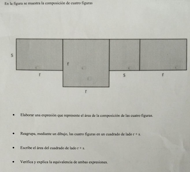 En la figura se muestra la composición de cuatro figuras 
Elaborar una expresión que represente el área de la composición de las cuatro figuras. 
Reagrupa, mediante un dibujo, las cuatro figuras en un cuadrado de lado r+s. 
Escribe el área del cuadrado de lado r+s. 
Verifica y explica la equivalencia de ambas expresiones.