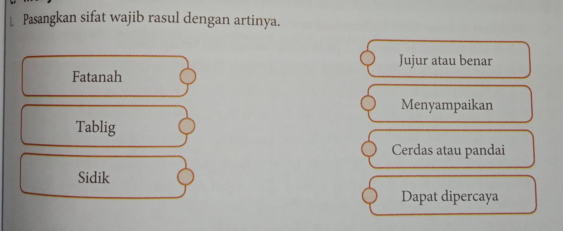 Pasangkan sifat wajib rasul dengan artinya. 
Jujur atau benar 
Fatanah 
Menyampaikan 
Tablig 
Cerdas atau pandai 
Sidik 
Dapat dipercaya