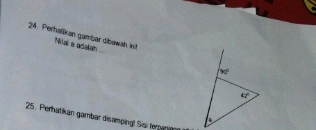 Perhatikan gambar dibawah ini!
Nilai a adalah ...
25. Perhatikan gambar disamping! Sisi terpanian