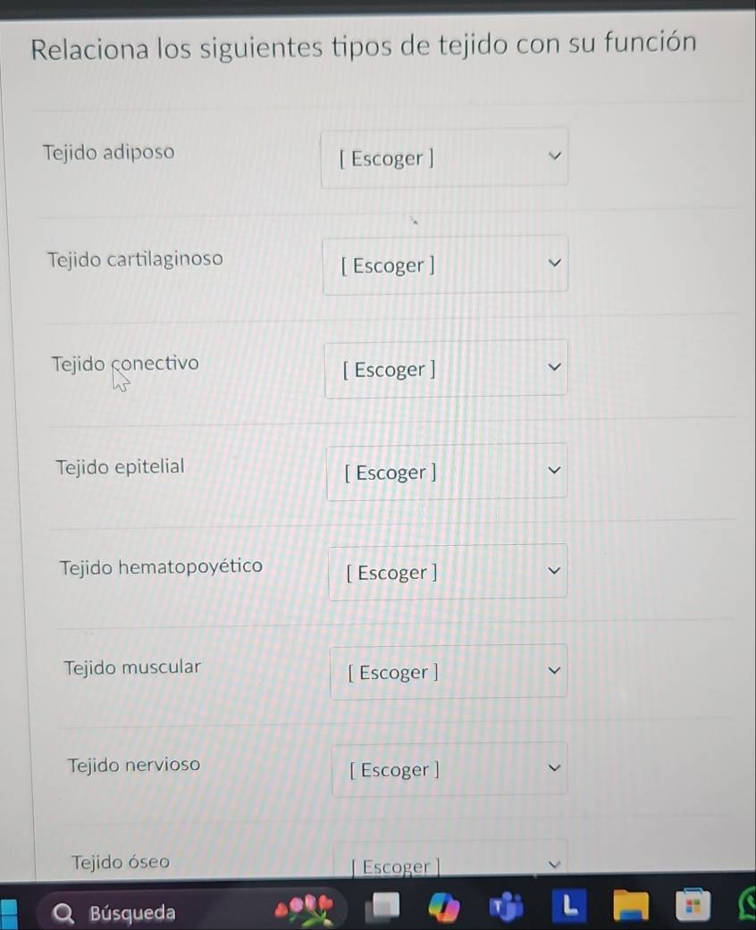 Relaciona los siguientes tipos de tejido con su función 
Tejido adiposo [ Escoger ] 
Tejido cartilaginoso [ Escoger ] 
Tejido çonectivo [ Escoger ] 
Tejido epitelial [ Escoger ] 
Tejido hematopoyético [ Escoger ] 
Tejido muscular [ Escoger ] 
Tejido nervioso [ Escoger ] 
Tejido óseo Escoger ] 
Búsqueda