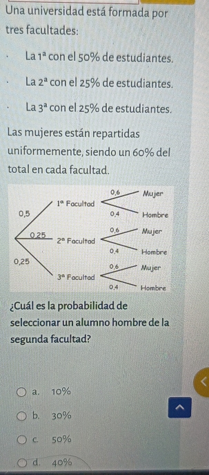 Una universidad está formada por
tres facultades:
La 1^a con el 50% de estudiantes.
La 2^a con el 25% de estudiantes.
La 3^a con el 25% de estudiantes.
Las mujeres están repartidas
uniformemente, siendo un 60% del
total en cada facultad.
¿Cuál es la probabilidad de
seleccionar un alumno hombre de la
segunda facultad?
a. 10%
b. 30%
C. 50%
d. 40%