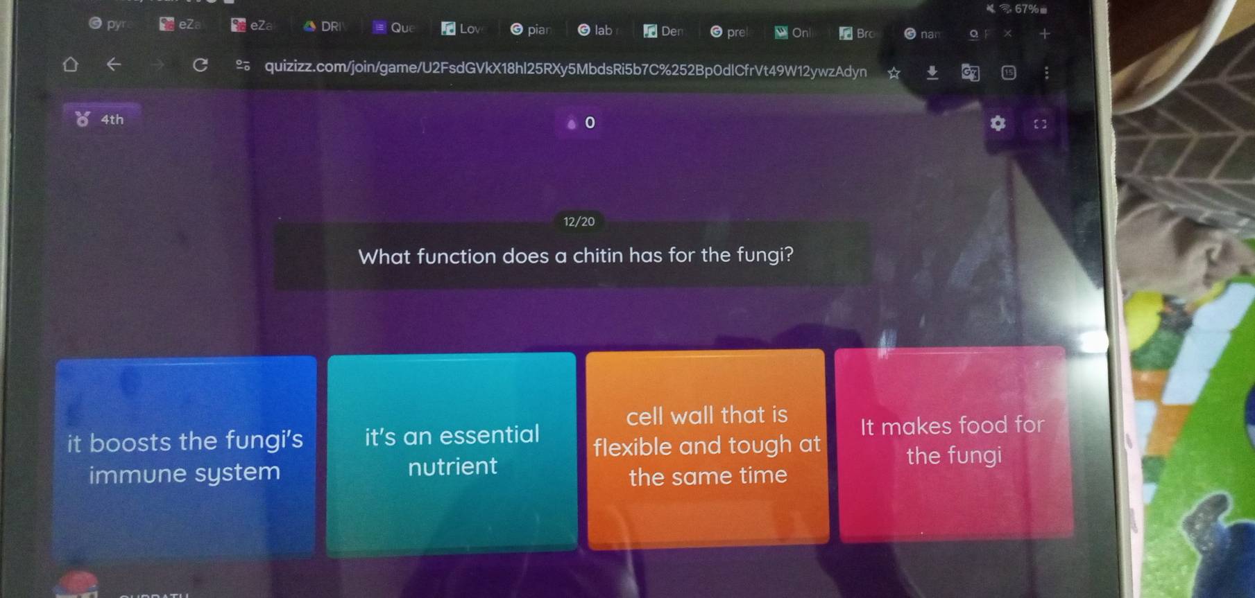 DR Qu Lo piar lab
← C quizizz.com/join/game/U2FsdGVkX18hl25RXy5MbdsRi5b7C%252Bp0dlCfrVt49W12ywzAdyn
。 4th
12/20
What function does a chitin has for the fungi?
cell wall that is It makes food for
it boosts the fungi's it’s an essential flexible and tough at
immune system nutrient
the fungi
the same time
