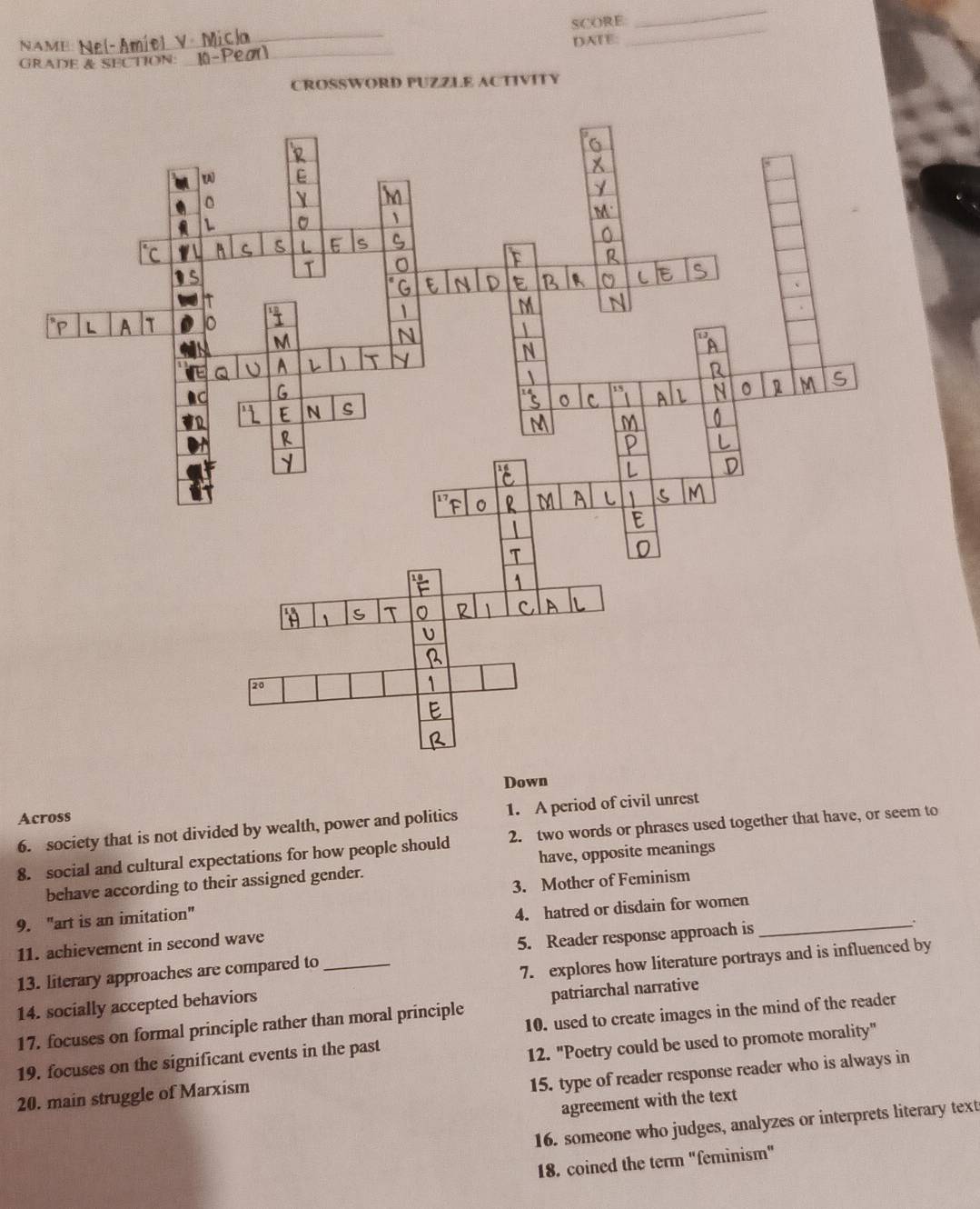 NAMe Nel-Amíel SCORE 
_ 
_ 
DATE: 
GRADE & SECTION: 
CROSSWORD PUZZLE ACTIVITY 
Down 
Across 
6. society that is not divided by wealth, power and politics 1. A period of civil unrest 
8. social and cultural expectations for how people should 2. two words or phrases used together that have, or seem to 
behave according to their assigned gender. have, opposite meanings 
9. "art is an imitation" 3. Mother of Feminism_ 
. 
11. achievement in second wave 4. hatred or disdain for women 
13. literary approaches are compared to 5. Reader response approach is 
14. socially accepted behaviors _7. explores how literature portrays and is influenced by 
10. used to create images in the mind of the reader 
17. focuses on formal principle rather than moral principle patriarchal narrative 
19. focuses on the significant events in the past 
12. "Poetry could be used to promote morality" 
15. type of reader response reader who is always in 
20. main struggle of Marxism 
agreement with the text 
16. someone who judges, analyzes or interprets literary text 
18. coined the term "feminism"