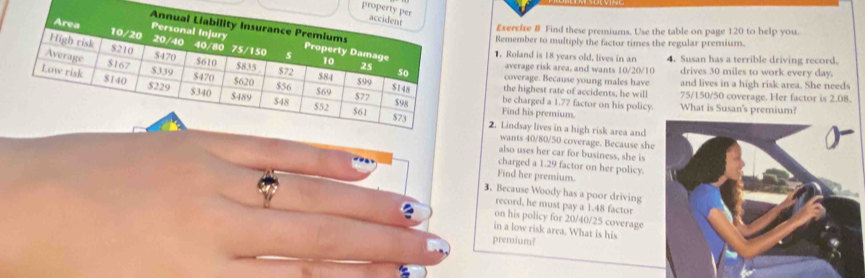 prop
Exerche 8 Find these premiums. Use the table on page 120 to help you.
Remember to multiply the factor times the regular premium.
1. Roland is 18 years old, lives in an
4. Susan has a terrible driving record.
average risk area, and wants 10/20/10 drives 30 miles to work every day.
coverage. Because young males have
the highest rate of accidents, he will and lives in a high risk area. She needs
75/150/50 coverage. Her factor is 2.08.
Find his premium. What is Susan's premium?
be charged a 1.77 factor on his policy.
2. Lindsay lives in a high risk area and
wants 40/80/50 coverage. Because sh
also uses her car for business, she is
charged a 1.29 factor on her policy.
Find her premium.
3. Because Woody has a poor driving
record, he must pay a 1.48 factor
on his policy for 20/40/25 coverage
in a low risk area. What is his
premium?