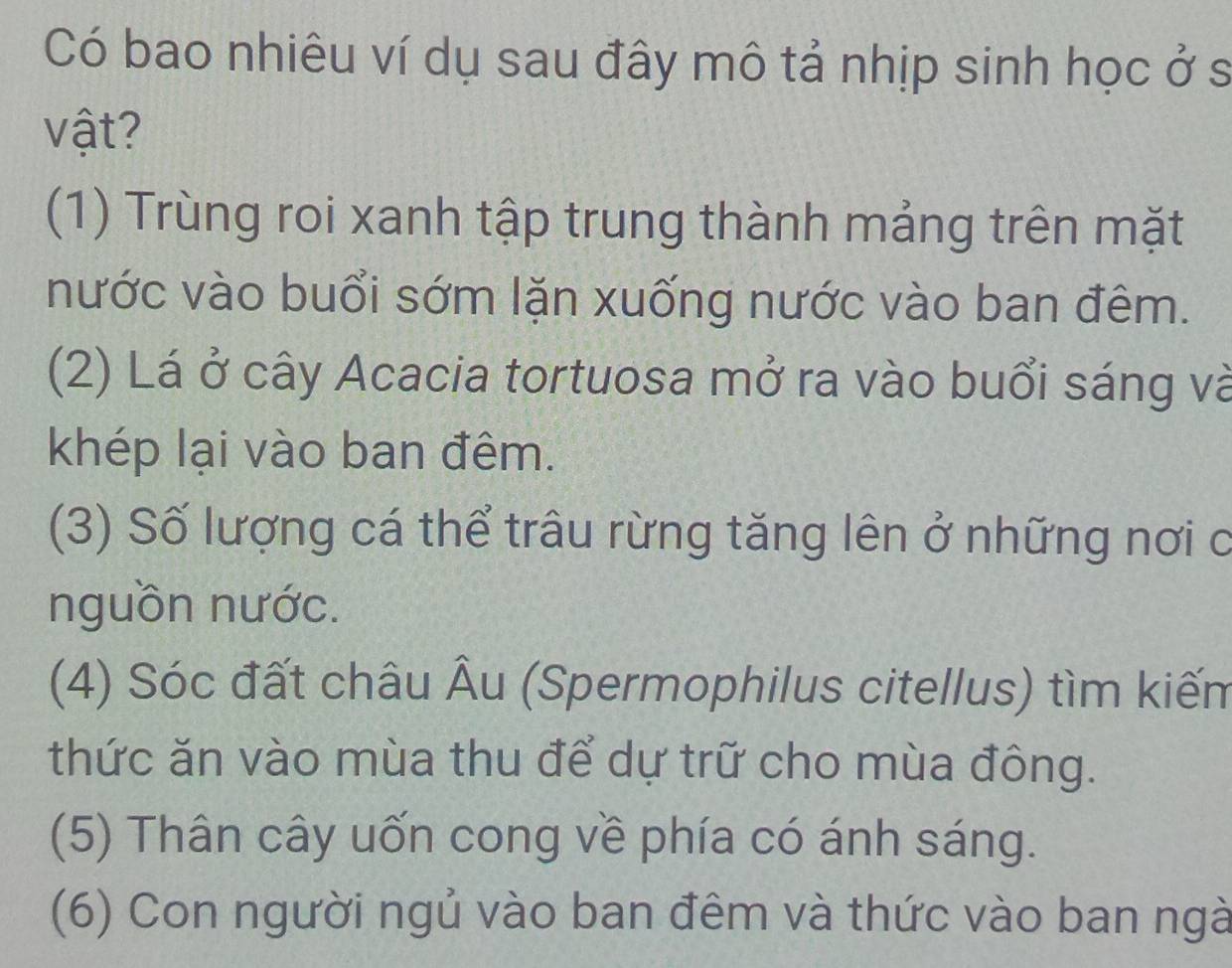 Có bao nhiêu ví dụ sau đây mô tả nhịp sinh học ở s
vật?
(1) Trùng roi xanh tập trung thành mảng trên mặt
nước vào buổi sớm lặn xuống nước vào ban đêm.
(2) Lá ở cây Acacia tortuosa mở ra vào buổi sáng và
khép lại vào ban đêm.
(3) Số lượng cá thể trâu rừng tăng lên ở những nơi c
nguồn nước.
(4) Sóc đất châu Âu (Spermophilus citellus) tìm kiếm
thức ăn vào mùa thu để dự trữ cho mùa đông.
(5) Thân cây uốn cong về phía có ánh sáng.
(6) Con người ngủ vào ban đêm và thức vào ban ngà