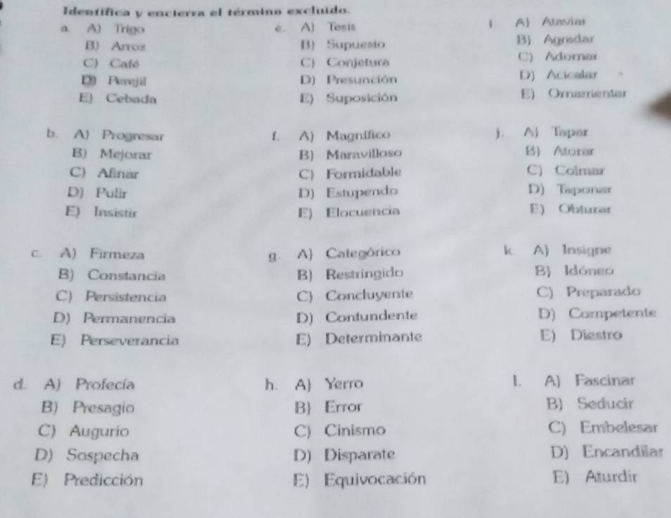 Identifica y encierra el término excluido.
a. A) Trigo e. A) Tosis 1 A Ataviar
B) Arroz B Supuesio B Agradar
C) Café C) Conjetura C) Adomar
D Perejil D) Presunción D) Acicalar
E) Cebada E) Suposición E) Oramentar
b. A) Progresar f. A) Magnífico j. AJ Topor
B) Mejorar B) Maravilloso B) Atorar
C) Afinar C) Formidable C) Colmar
D) Pulir D) Estupendo D) Taponar
E) Insistir E) Elocuencia E) Obtuxar
c. A) Firmeza g. A Categórico k. A) Insigne
B) Constancia B) Restringido B Idóneo
C) Persistencia C) Concluyente C) Preparado
D) Permanencia D) Contundente D) Competente
E) Perseverancia E) Determinante E) Diestro
d. A) Profecía h. A Yerro I. A) Fascinar
B) Presagio B Error B) Seducir
C) Augurio C) Cinismo C) Embelesar
D) Sospecha D) Disparate D) Encandilar
E) Predicción E) Equivocación E) Aturdir