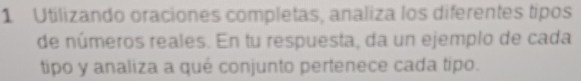 Utilizando oraciones completas, analiza los diferentes tipos 
de números reales. En tu respuesta, da un ejemplo de cada 
tipo y analiza a qué conjunto pertenece cada tipo.
