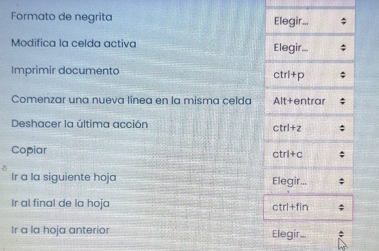 Formato de negrita
Modifica la celda actíva
Imprimir documento
Comenzar una nueva línea en la misma celda 
Deshacer la última acción
Copiar
Ir a la siguiente hoja
Ir al final de la hoja
Ir a la hoja anterior
Elegir...